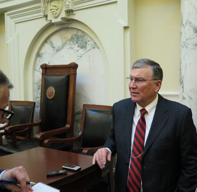House Speaker Scott Bedke talks with reporters after Gov. Butch Otter's State of the State message to lawmakers on Monday (Betsy Z. Russell)