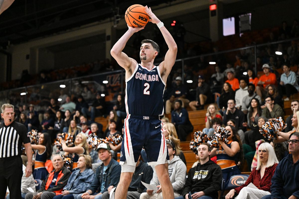 Gonzaga Bulldogs forward Steele Venters (2) hits a three against the Pepperdine Waves during the first half of a college basketball game on Sunday, Dec 28, 2025, at Firestone Fieldhouse in Malibu, Calif. (Tyler Tjomsland/The Spokesman-Review)