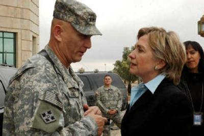 
Lt. Gen. Ray Odierno and Sen. Hillary Rodham Clinton, D-N.Y., talk Saturday in Baghdad.
 (Associated Press / The Spokesman-Review)