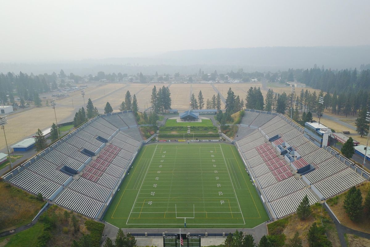 Joe Albi Stadium, in Northest Spokane, is the weekly site of high school football games of the Greater Spokane League, shown Friday, Sept. 8, 2017. Spokane Public Schools is considering a plan to downsize the stadium or convert it into soccer fields, and build a new stadium downtown. (Jesse Tinsley / The Spokesman-Review)