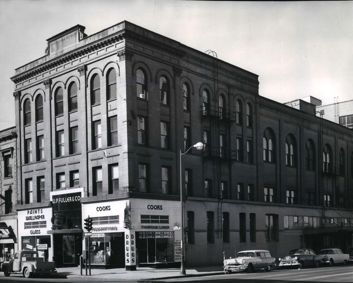 1959: The Fuller Building opened in 1901 as the Elks Club, but the fraternal organization left for a larger building in 1913 and the building served as the home of the W.P. Fuller & Co. store starting in 1919. In 1959, Fuller shared the storefront with Cook’s Drugstore. The building was torn down in 1963. (Spokesman-Review Photo Archive / SR)