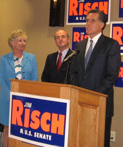 Mitt Romney, right, was in Boise  on Wednesday to campaign for Jim Risch, a GOP candidate for the U.S. Senate seat now held by Sen. Larry Craig. Vicki Risch is on the far left.  (Betsy Russell / The Spokesman-Review)