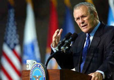 
Secretary of Defense Donald Rumsfeld speaks to troops Dec. 8 at Camp Buehring in Kuwait. Secretary of Defense Donald Rumsfeld speaks to troops Dec. 8 at Camp Buehring in Kuwait. 
 (Associated PressAssociated Press / The Spokesman-Review)