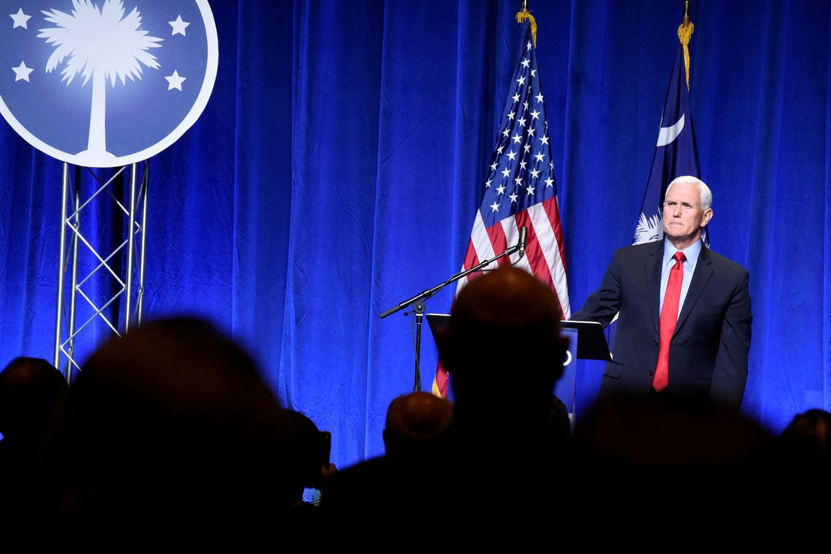 Former Vice President Mike Pence wraps up his first speech since leaving office at a dinner hosted by Palmetto Family on Thursday, April 29, 2021, in Columbia, S.C.  (Meg Kinnard)