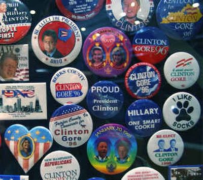 
Clinton campaign buttons are displayed at the Clinton Presidential Library on Wednesday in Little Rock, Ark.
 (Associated Press / The Spokesman-Review)