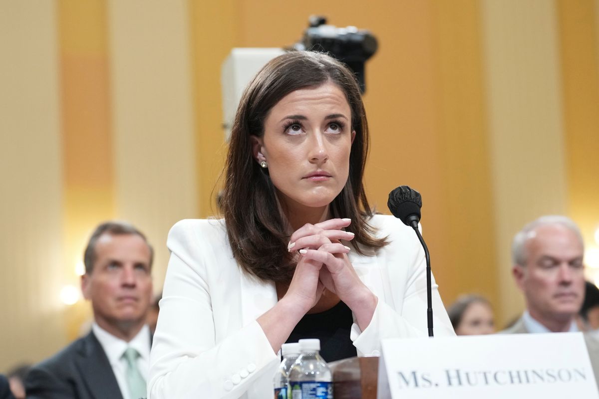 Cassidy Hutchinson, who worked for former President Trump’s chief of staff, testifies before the House committee investigating the Jan. 6 attack on Tuesday.  (DOUG MILLS/The New York Times)