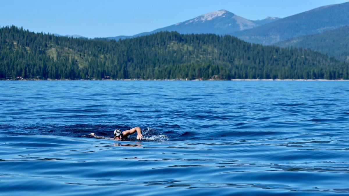 Ned Hastings swims in Priest Lake on July 21, 2019. Hastings spent 14 hours swimming from Navigational Campground at the northern end of Upper Priest Lake to Coolin. (Keith Currie / COURTESY)