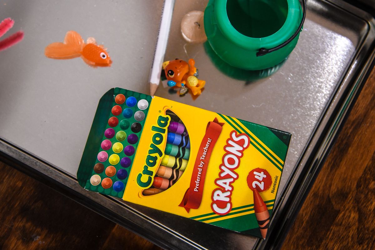 School supplies are at the ready as Chandra Burghart’s K-2 classroom is set up in Robyn McClain’s home on Wednesday in Spokane.  (Dan Pelle/The Spokesman-Review)