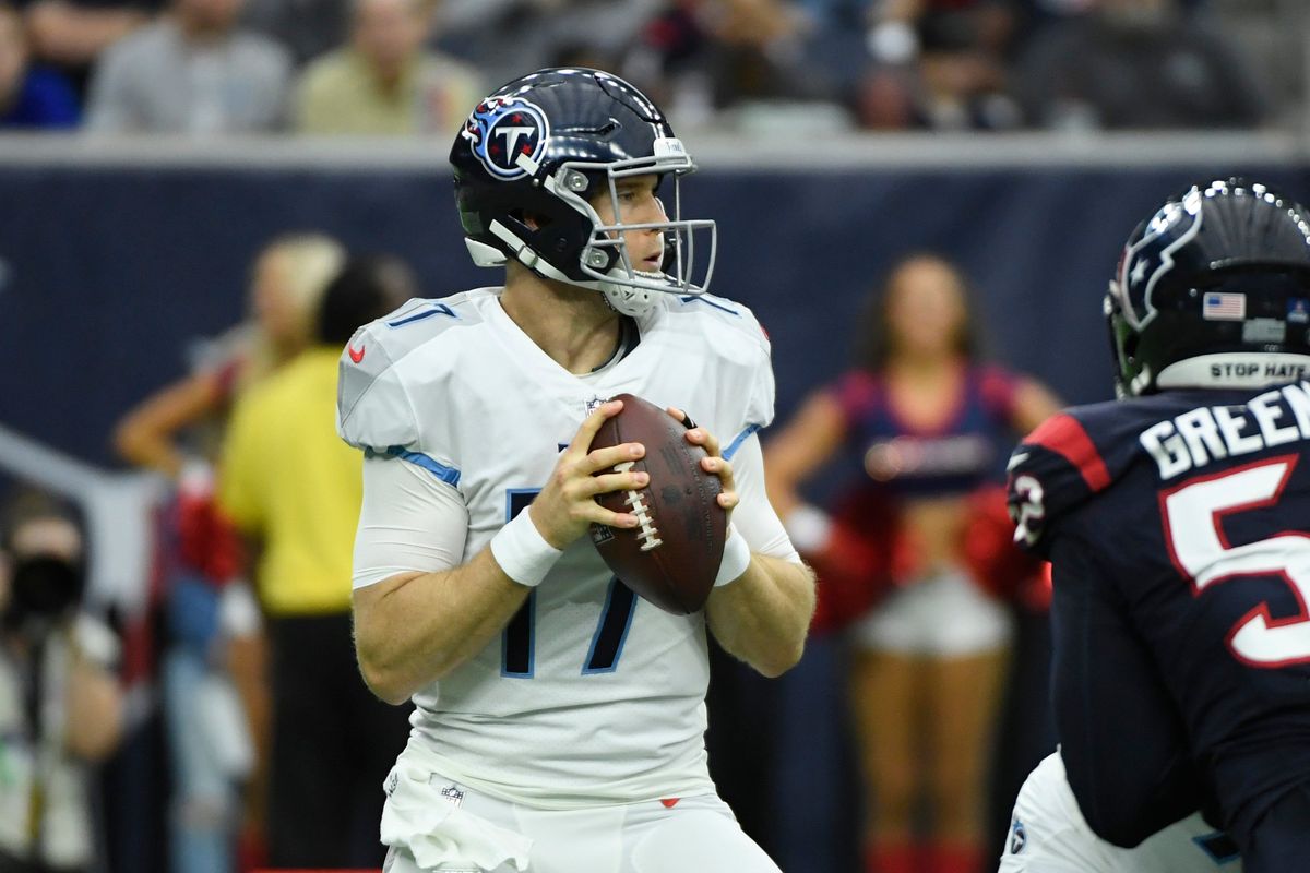 Tennessee Titans quarterback Ryan Tannehill (17) looks to throw against the Houston Texans during the first half of an NFL football game, Sunday, Jan. 9, 2022, in Houston.  (Justin Rex)