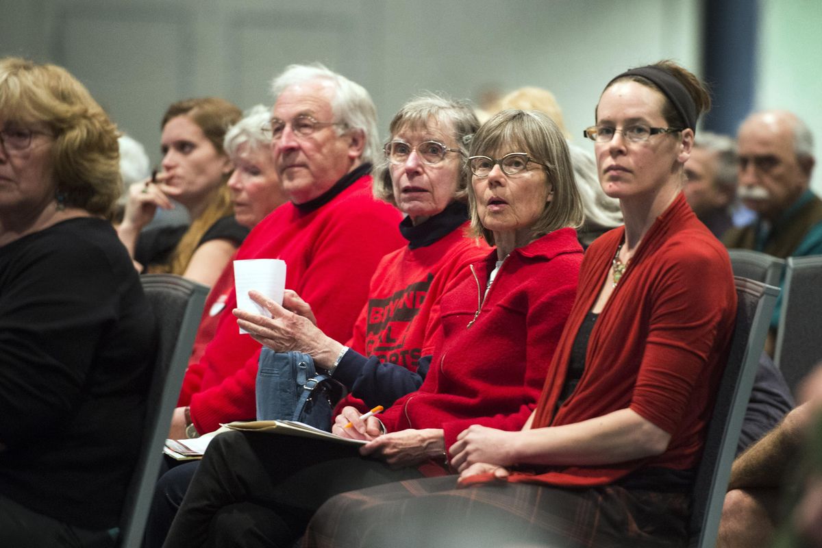 Opponents of the proposed Millennium coal export terminal in Longview, Washington, wait for a turn to speak during a hearing, May 26, 2016, at the Spokane Convention Center. (Dan Pelle / The Spokesman-Review)