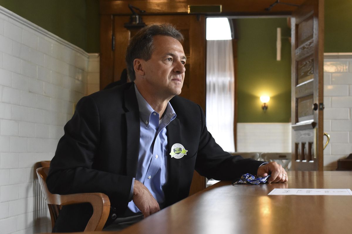 Montana Gov. Steve Bullock speaks to members of the business community in Billings, Mont., on July 24, 2020. The Democratic governor is asking a federal judge to oust the Trump administration official responsible for overseeing more than quarter-billion acres of public lands.  (Matthew Brown)