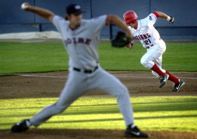 
Taylor Teagarden of the  Indians tries to steal second base off Boise's Matt Avery in the second inning of Monday's game at Avista Stadium Monday evening, August 8, 2005. Teagarden was out.  
 (Holly Pickett / The Spokesman-Review)