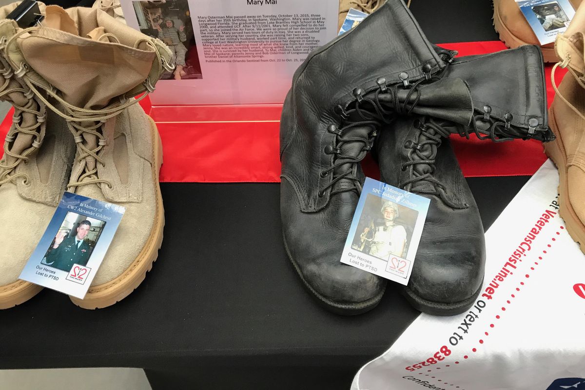These boots are part of a traveling display called the Boots Project, which promotes awareness of suicide among veterans. “It honors them and shows that even though they’re home from the war, the battle scars are still there – even though you can’t see them,” said Leah Flint, a Washington Department of Veteran Affairs navigator who works with student-veterans at Gonzaga University. (courtesy)
