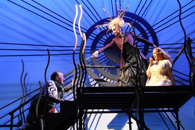 The menacing Monostatos, played by Tim Campbell, left, approaches the Queen (Alexandra Picard), center, and Pamina (Heather Parker), right, in a scene from “The Magic Flute,” being staged by the Spokane Opera and opening tonight at the Fox.  (Jesse Tinsley / The Spokesman-Review)