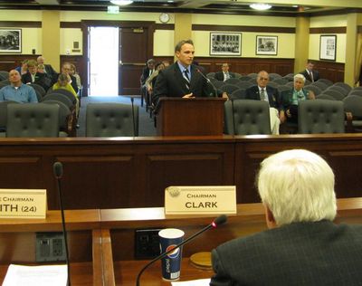 Helo Hancock, legislative director for the Coeur d’Alene Tribe, tells the House Judiciary Committee on Wednesday, “We do have a deal,” and asks the committee to hold the tribe’s proposed law-enforcement legislation in committee. The panel agreed unanimously. The cross-deputization agreement between the tribe and Benewah County resolves jurisdictional questions that that the tribe contends were allowing criminals to go free on the reservation. (Betsy Russell)