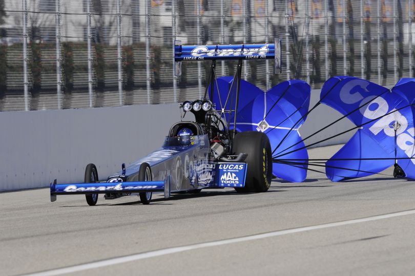 Brandon Bernstein and his Copart Top Fuel dragster after a pass on the NHRA Full Throttle Drag Racing Series. (photo courtesy of NHRA)