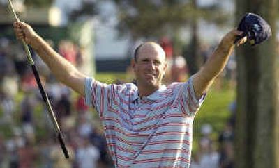 
Stewart Cink celebrates after winning the NEC Invitational.
 (Associated Press / The Spokesman-Review)
