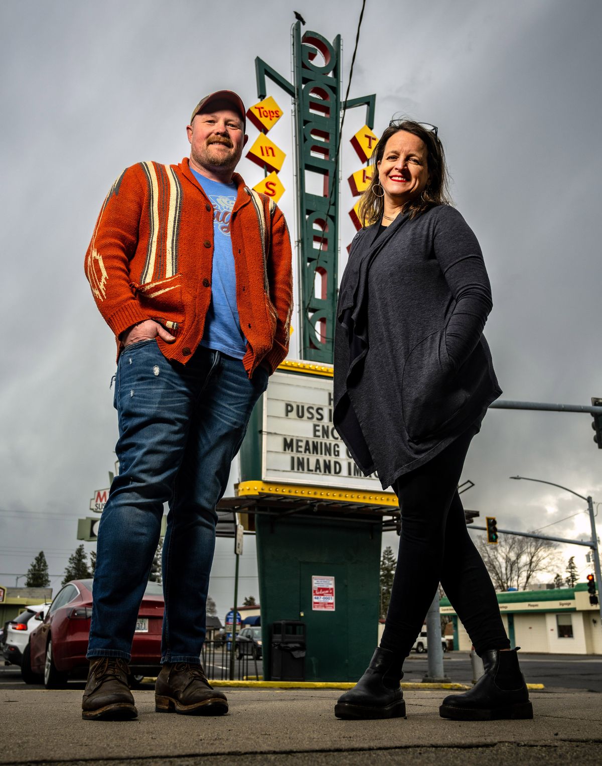 Chris Bovey, creator of the Save the Garland GoFundMe campaign, and Katherine Fritchie, owner of the Garland Theater, hope to raise $300,000 to keep the movie house, built in 1945, from having to close.  (COLIN MULVANY/THE SPOKESMAN-REVIEW)