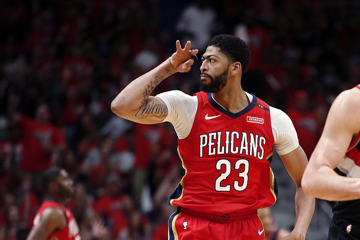 New Orleans Pelicans forward Anthony Davis reacts after making a 3-point shot during the first half of Game 4 of the team’s first-round NBA basketball playoff series against the Portland Trail Blazers in New Orleans, Saturday, April 21, 2018. (Scott Threlkeld / Associated Press)