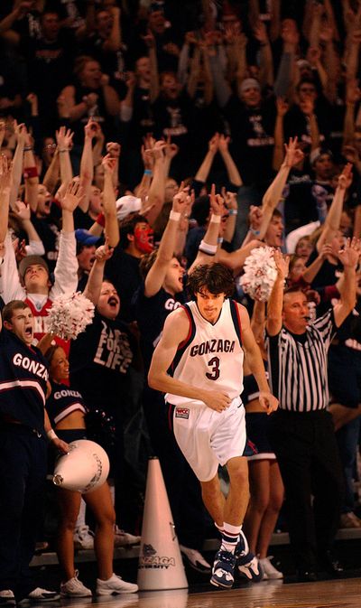 Adam Morrison gets the crowd off their feet with one of several late 3-pointers against Stanford on Saturday, Feb. 11, 2006, in Spokane. (Brian Plonka / The Spokesman-Review)