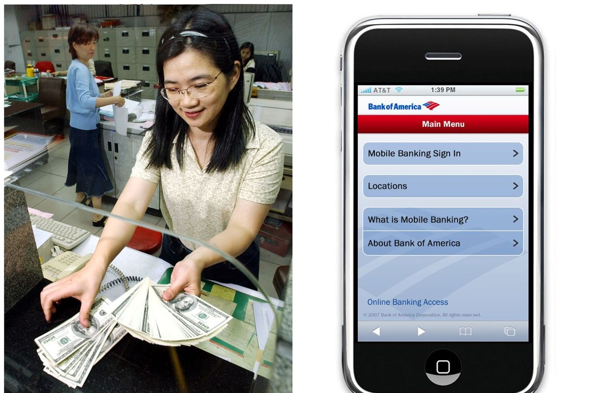 This combination of Associated Press file photos shows, left, a teller at the Taipei Bank,  in 2002, in Taipei, Taiwan, and the 2011 Bank of America mobile application on a mobile device. Many middle-class workers have lost jobs because powerful software and computerized machines are doing tasks that only humans could do before. (Associated Press)