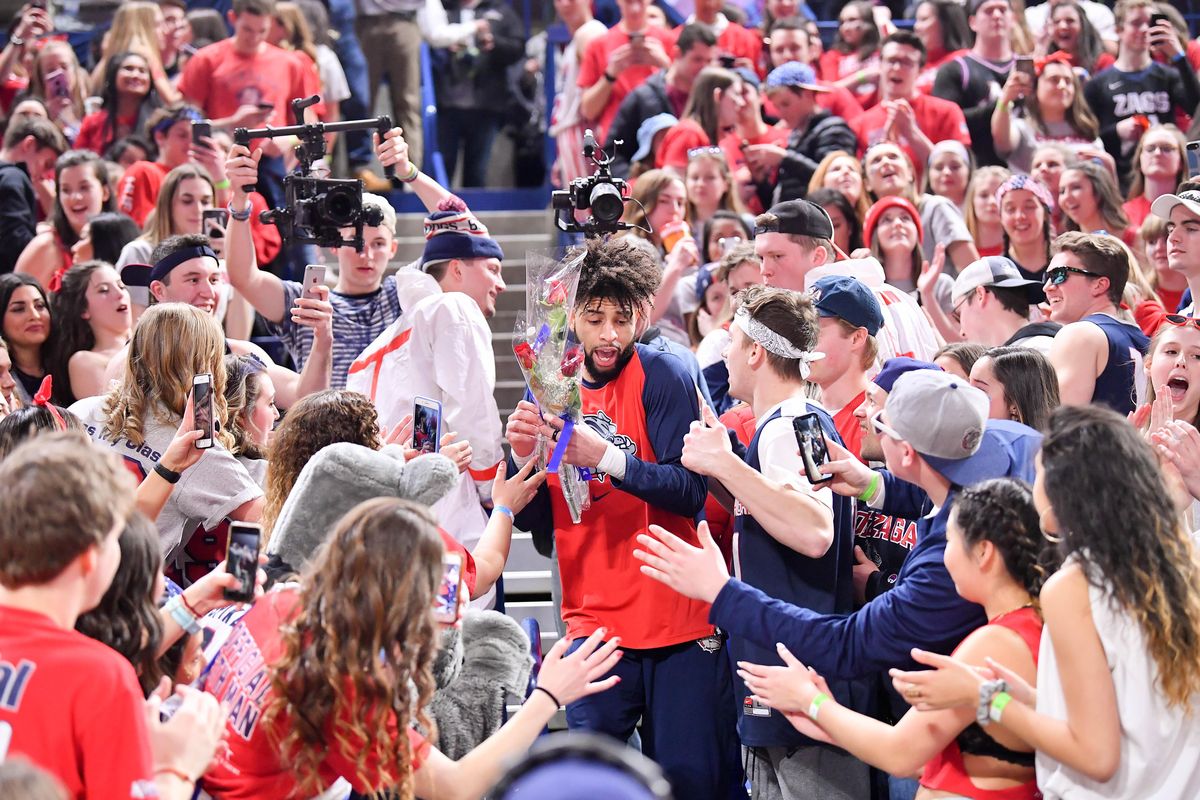 Gonzaga Bulldogs guard Josh Perkins (13) heads to the floor for senior night before the first half of a college basketball game on Saturday, February 23, 2019, at McCarthey Athletic Center in Spokane, Wash. (Tyler Tjomsland / The Spokesman-Review)