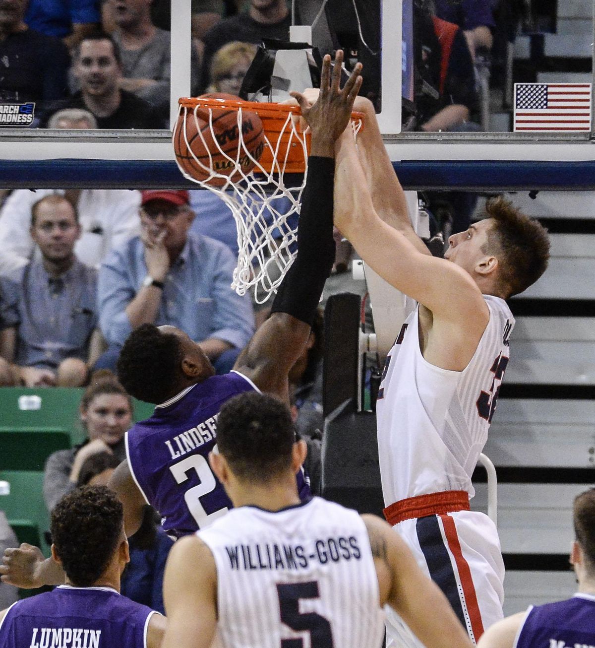 Gonzaga forward Zach Collins slams on Northwestern forward Scottie Lindsey during their NCAA second round game, March 18, 2017, in Salt Lake City. (Dan Pelle / The Spokesman-Review)