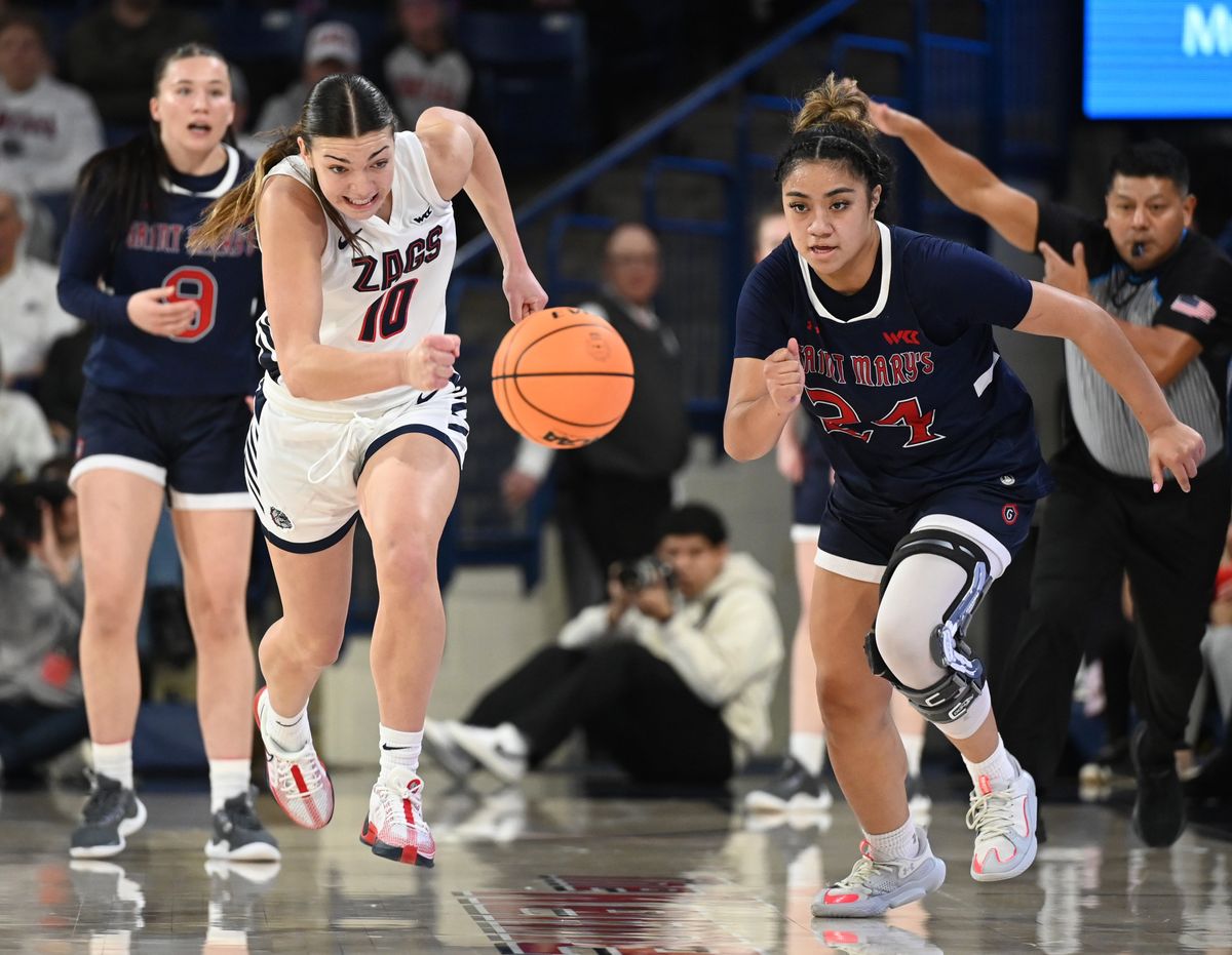 Gonzaga’s Callie Stokes (10) chases the ball she poked away from Zeryhia Aokuso (24) of Saint Mary’s during the first half of Saturday’s West Coast Conference game at McCarthey Athletic Center.  (Jesse Tinsley/THE SPOKESMAN-REVI)