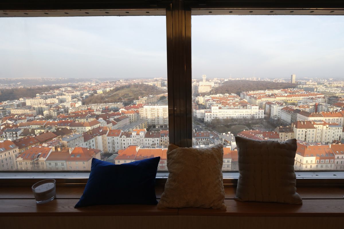 A panorama view out of a hotel room at the Zizkov television tower in Prague. Approximately 230 feet above the ground, the six-star luxurious room has been available for U.S. $1,305 per night since opening Feb. 13. (Associated Press)