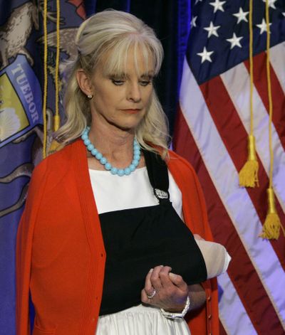 Cindy McCain  is seen with her arm in a sling during a news conference Wednesday in Birmingham, Mich.  (Associated Press / The Spokesman-Review)