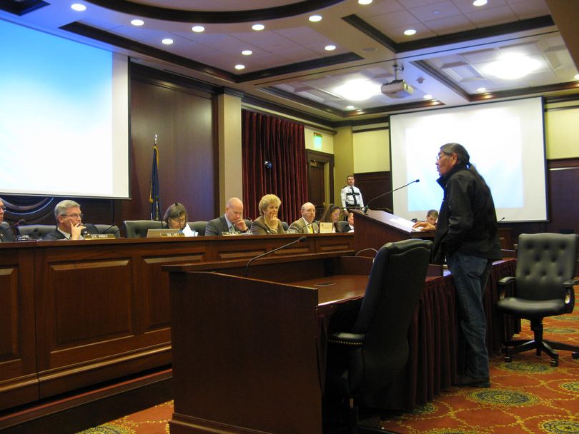 Nathan Small, chairman of the Fort Hall Business Council, addresses senators on Monday morning (Betsy Russell)