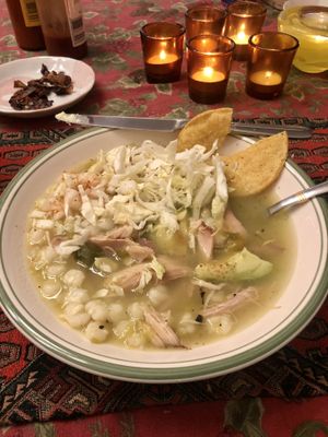 Posole is a hearty soup made with hominy and tomatillos. This version was inspired by Chico's in the Highland Park neighborhood of Los Angeles.