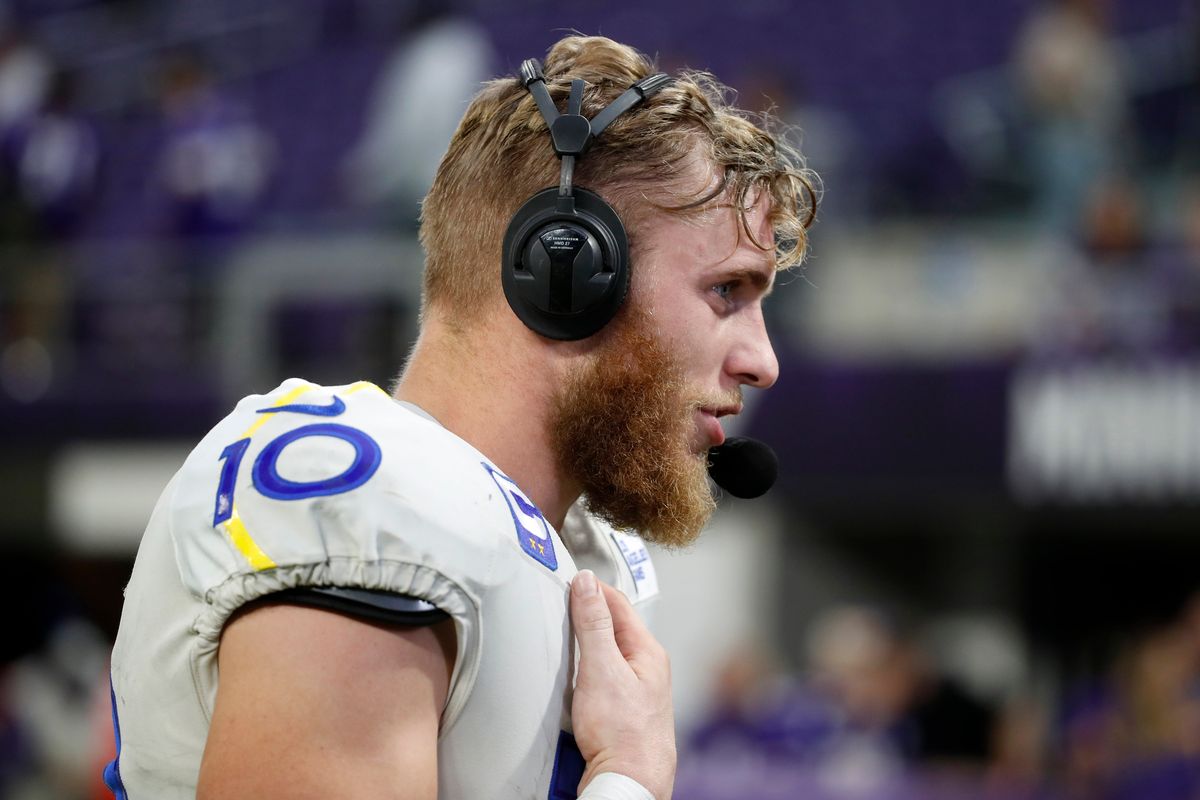 Los Angeles Rams wide receiver Cooper Kupp (10) is interviewed after an NFL football game against the Minnesota Vikings, Sunday, Dec. 26, 2021, in Minneapolis. Kupp was among the athletes who either won or lost the most money for sports bettors in 2021, according to several national sports books. (Associated Press)