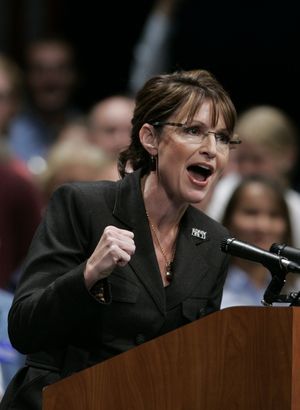 Sarah Palin speaks during a rally Sunday in Omaha, Neb. (Nati Harnik / The Spokesman-Review)
