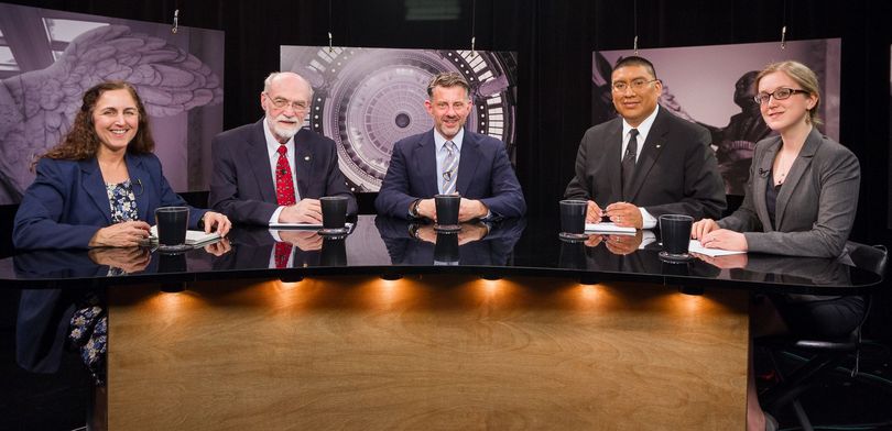 From left, Betsy Russell, Jim Weatherby, Bill Dentzer, and co-hosts Aaron Kunz and Melissa Davlin on Friday's 