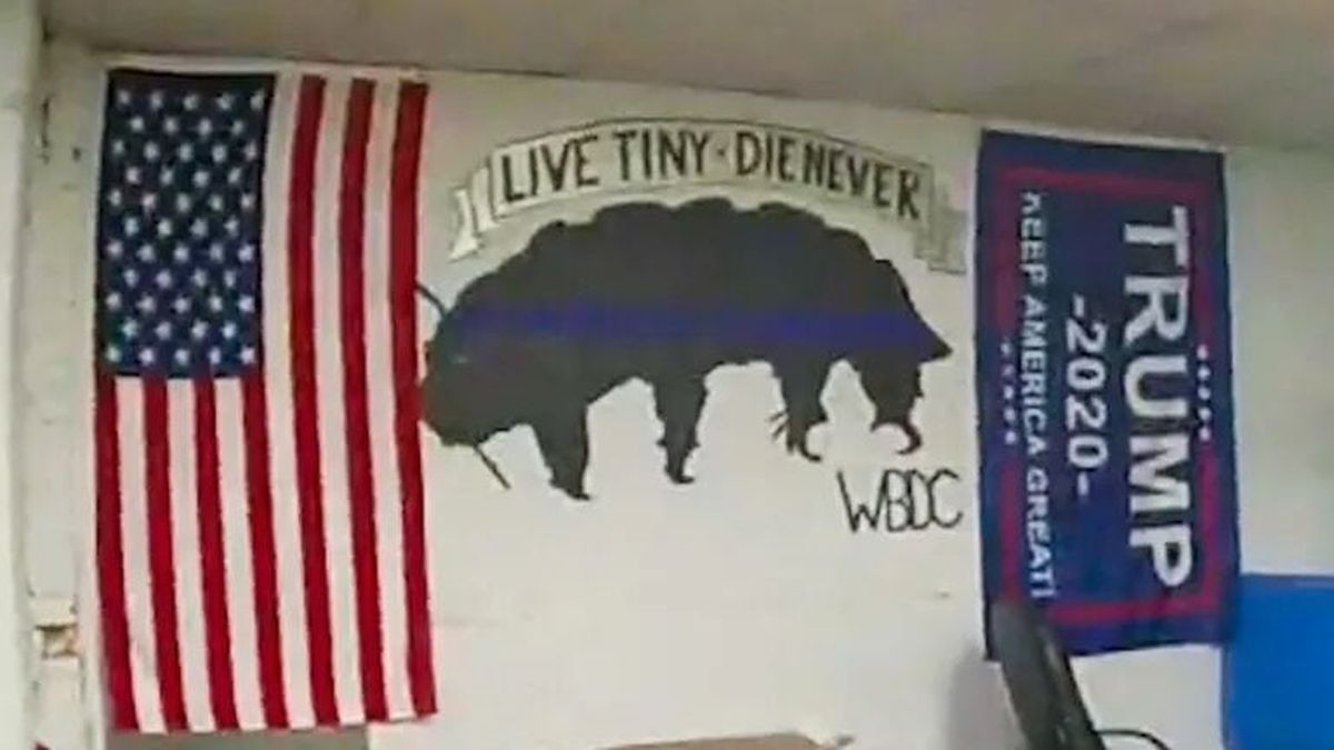 A Trump flag is seen in this screen grab from Seattle Police Department body-camera footage taken in January 2021 at the department’s East Precinct.  (Courtesy of MacDonald Hoague & Bayless)