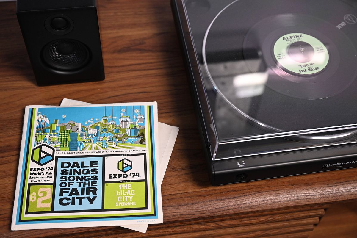 Someone mailed Mayor Lisa Brown of Spokane a new copy of the 45 rpm record “Dale Sings Songs of Fair City” and the mayor got a record player to play in her city hall office, shown Wednesday, April 10, 2024. Dale Miller, of Clark Fork, Idaho, wrote two songs about Expo ‘74 and the city and recorded them.  (JESSE TINSLEY/THE SPOKESMAN-REVIEW)