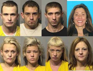The suspects in a string of burglaries in North Idaho and Spokane County are pictured left to right. 
Top row:  Joseph A. Lynch, 29; Adam C. Ramirez III, 29; Jesse A. Williamson, 27; Susan N. Burke and alias Susan Church, 50. 
Bottom row: Kasie D. Gordon, 25; Emily A. Lynch, 28; Kathleen E. Kelly, 29; and Heather D. Yao, alias Heather Perry, 31. (Kootenai County Sheriff's Department)