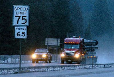 
A state legislator is proposing a law to allow trucks to go  75 on highways.  This photo was taken on I-90 near the Rose Lake exit. 
 (Jesse Tinsley / The Spokesman-Review)