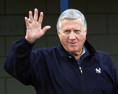 George Steinbrenner waves to fans in Tampa, Fla., in February 2003.  (Associated Press)