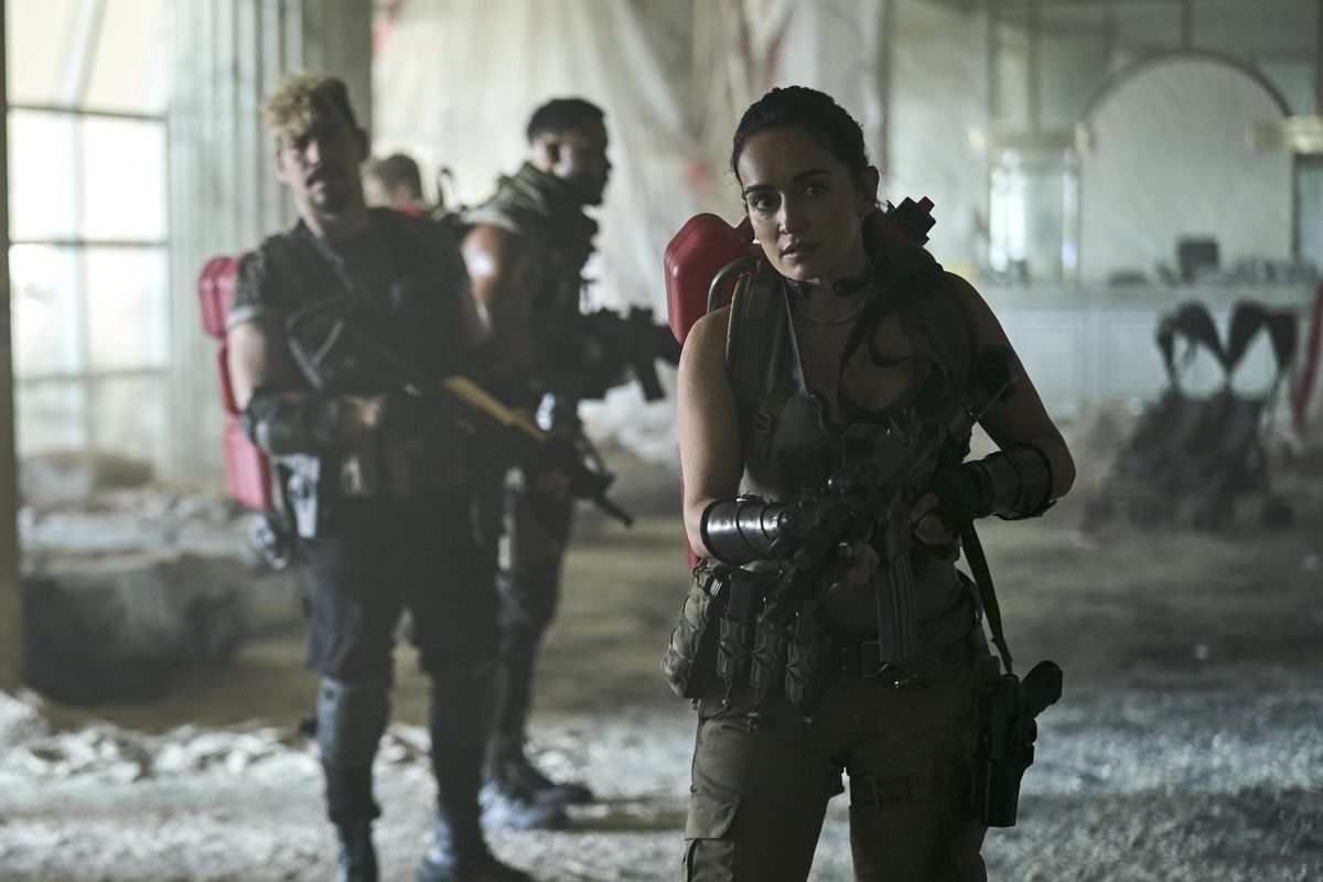 From left, Raul Castillo, Omari Harwick and Ana de la Reguera in "Army of the Dead." (Clay Enos/Netflix)