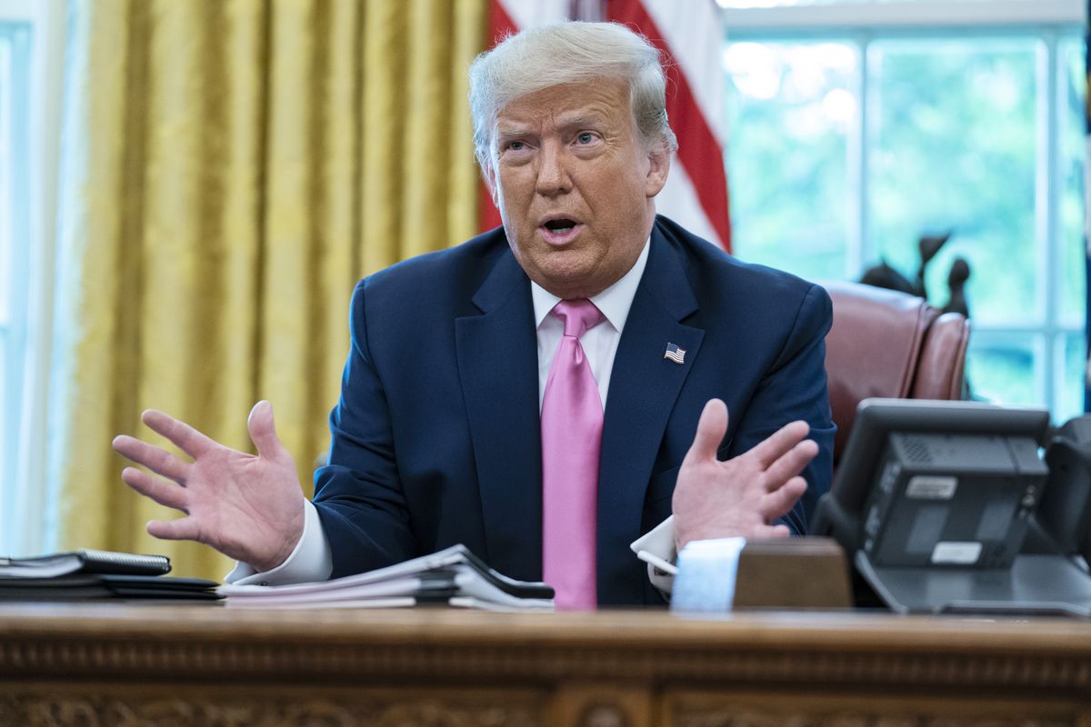 President Donald Trump speaks during a meeting with Senate Majority Leader Mitch McConnell of Ky., and House Minority Leader Kevin McCarthy of Calif., in the Oval Office of the White House, Monday, July 20, 2020, in Washington.  (Evan Vucci)
