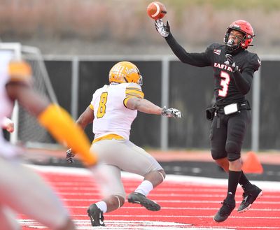 Eastern Washington Eagles quarterback Eric Barriere (3) throws against UI during the second half of a college football game on Saturday, April 10, 2021, at Roos Field in Cheney, Wash. EWU won the game 38-31.  (Tyler Tjomsland/The Spokesman-Re)