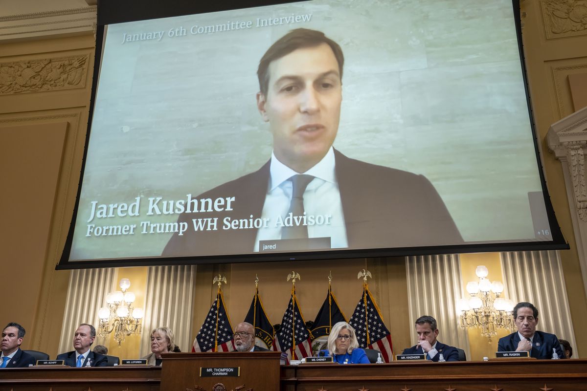 Video of Jared Kushner, Donald Trump’s senior adviser and son-in-law, plays during the first public hearing of the House Select Committee to Investigate the January 6 attack on the U.S. Capitol on Thursday on Capitol Hill in Washington.  (DOUG MILLS/New York Times)