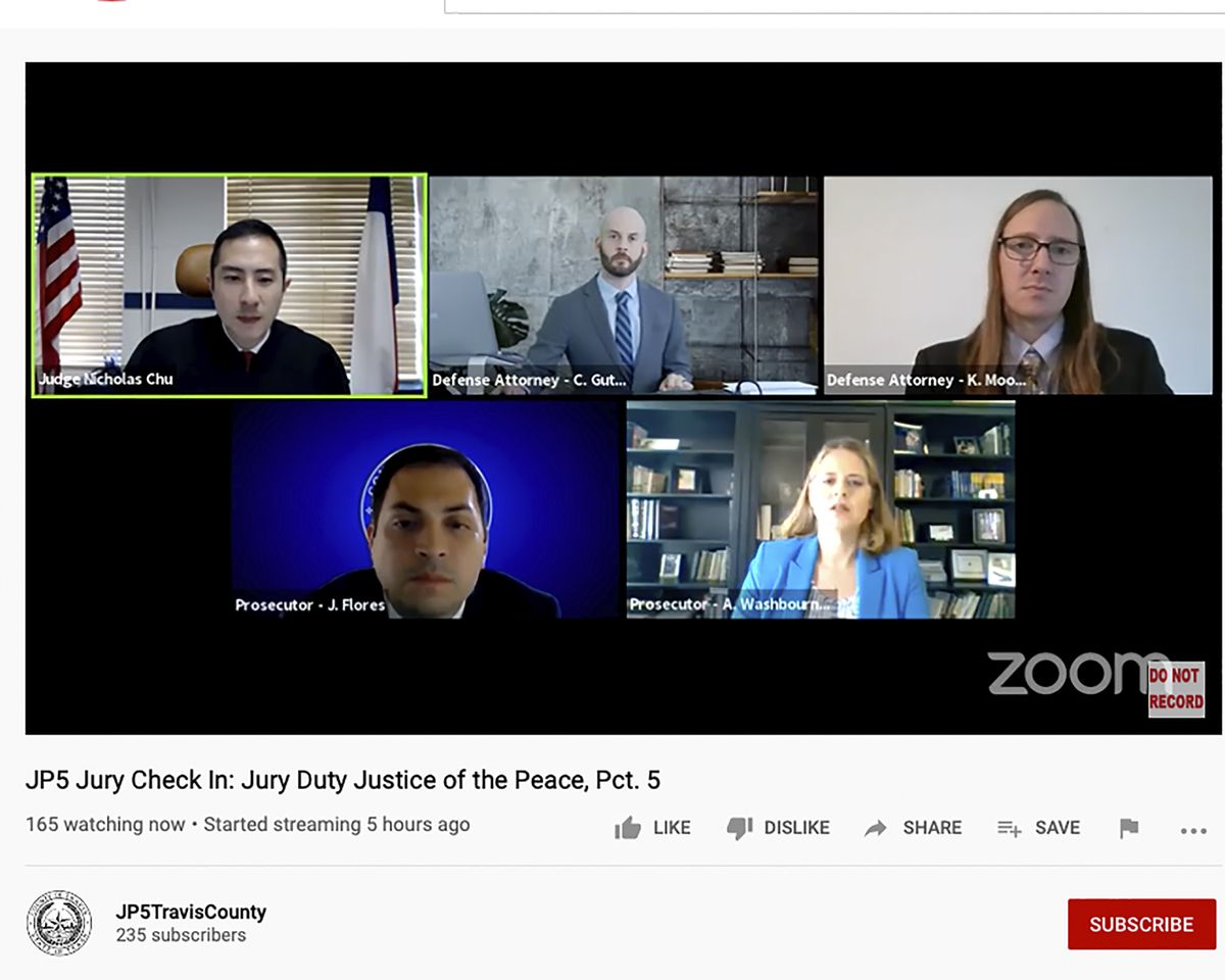 In this screen grab from video provided by the Travis County Commissioners Court, Judge Nicholas Chu, top left, confers with defense attorneys Carl Guthrie, top center, and Kannon Moore, top right, and prosecutors Jaime Flores, bottom left, and Afton Washbourne, bottom right, during a Texas jury trial being conducted over Zoom on Tuesday, Aug. 11, 2020, in Austin. The court has launched what the state says is the nation