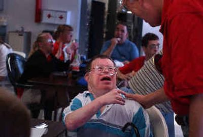 Duane Addy is a member of the lift committee for the Aktion Club at TESH. He was talking with Richard Jurvelin of Kiwanis on Wednesday. Aktion is a branch of Kiwanis for people with disabilities. They are raising money for a wheelchair lift for the North Idaho Fairgrounds.
(Kathy Plonka / The Spokesman-Review)