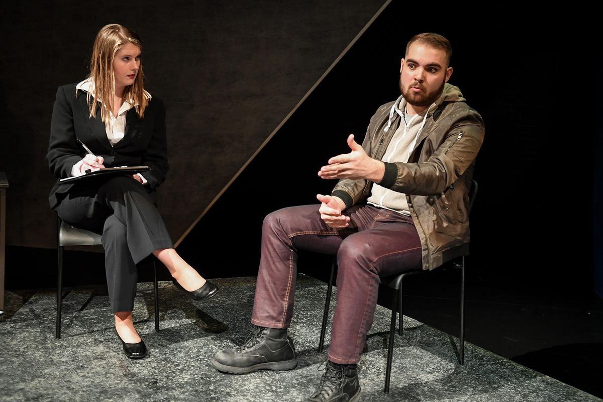 In a scene from “Coming Home: A Soldier's Project,” Jimmy, played by Cooper McCoy, speaks with researcher Claire, played by Madeline Keckler. The new play by Gonzaga professor Kathleen Jeffs is being staged at Gonzaga University Feb. 2-11. It explores what it’s like when soldiers return from service to Spokane (and Gonzaga). (Colin Mulvany / The Spokesman-Review)