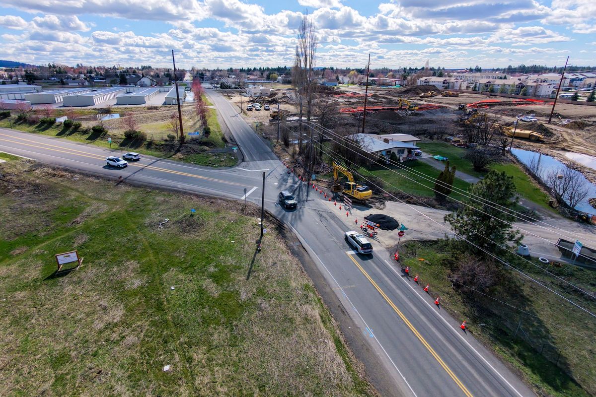 The city of Spokane envisions the oblique intersection of Freya Street and the Palouse Highway, now controlled by a four-way stop, will someday be a moderately large roundabout to smooth the traffic, which is growing from the large number of apartments being built nearby. (Jesse Tinsley/THE SPOKESMAN-REVIEW)