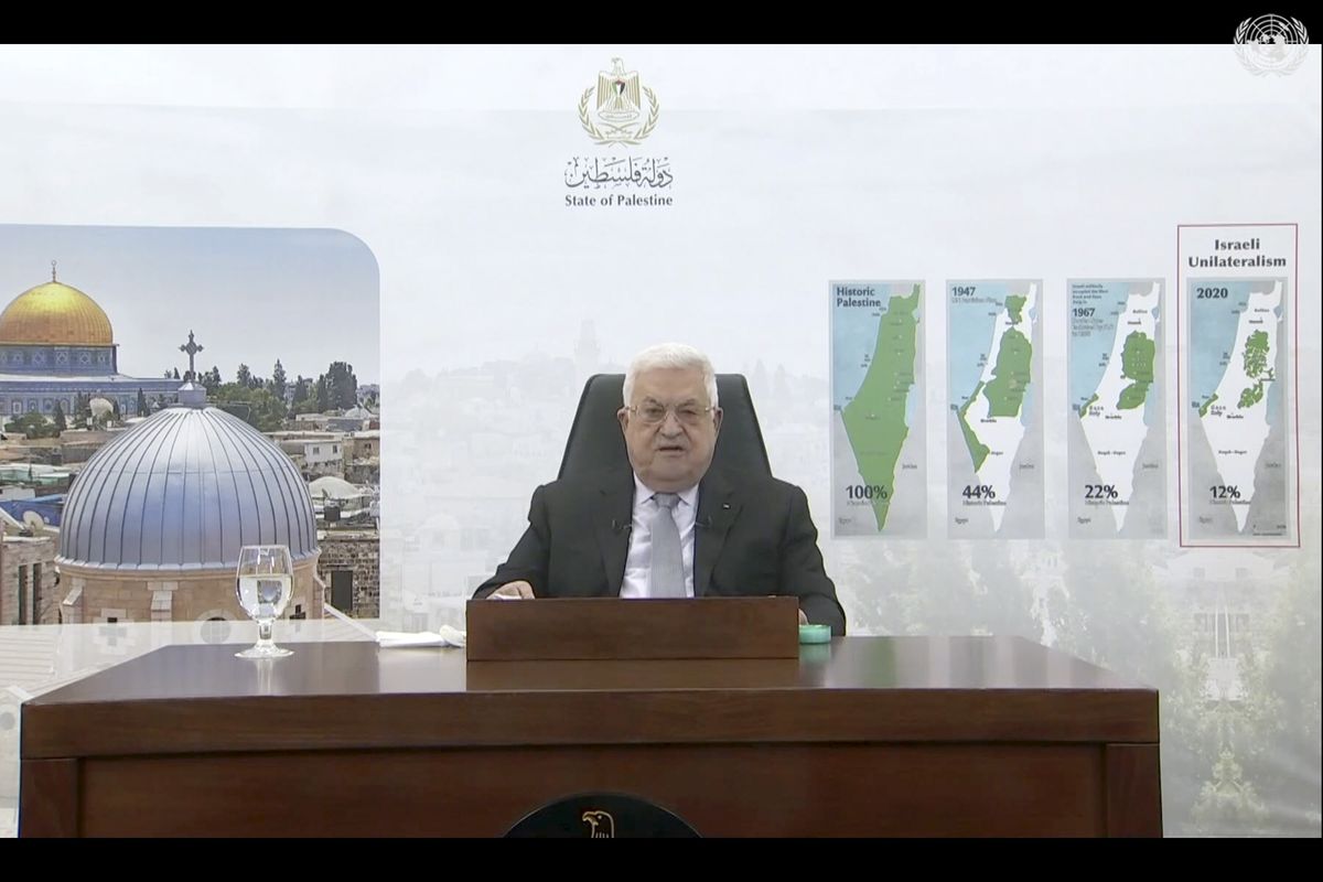 In this photo taken from video, Palestinian President Mahmoud Abbas remotely addresses the 76th session of the United Nations General Assembly in a pre-recorded message, Friday, Sept. 24, 2021, at UN headquarters.  (HONS)
