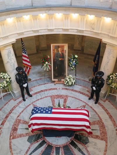 The late Idaho Gov. Cecil Andrus lies in state in the rotunda of the Idaho state Capitol on Wednesday, Aug. 30, 2017. (Betsy Z. Russell)